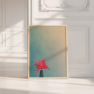 Pegasus Flying Red Horse Dallas art print by Betsy Crum — neutral frame room mockup