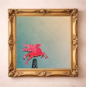 Pegasus Flying Red Horse art print in a gold frame by Betsy Crum — square dallas art from Crum Art, available at crumart.com. This museum quality print is made right here in Texas.