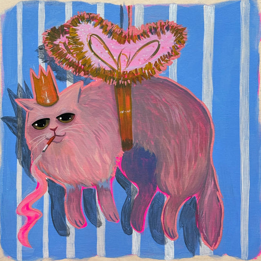 Pink Smoking Cat Wall Art Fluffy by Caya Crum, inspired by weird cat charm, angel-cat energy, and the kind of unforgettable personality that makes a gallery wall feel more collected and more fun, available at crumart.com. This museum quality print is made right here in Texas.