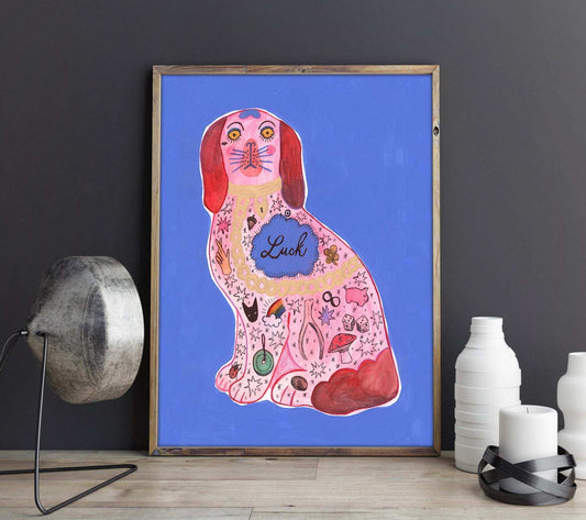 Pink Staffordshire Dog art print by Caya Crum, modern colorful dog illustration on blue background, fine art giclée on cotton rag paper, Texas-made wall decor