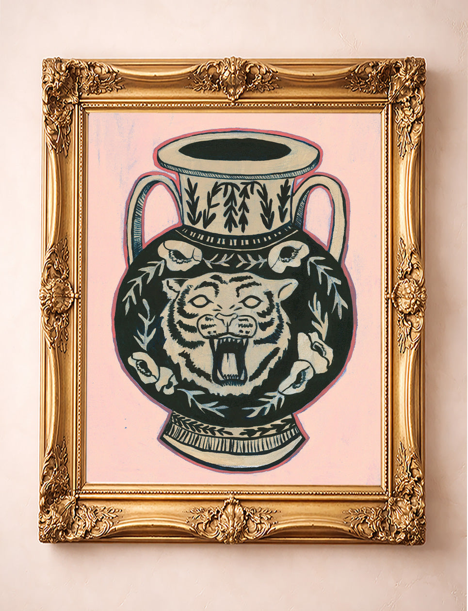 Tiger Art - Pink Greco roman vase in a gold frame.