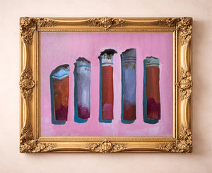 Cigarette Romance pink wall art by Caya Crum in an ornate gold frame, weirdcore pink cigarettes print