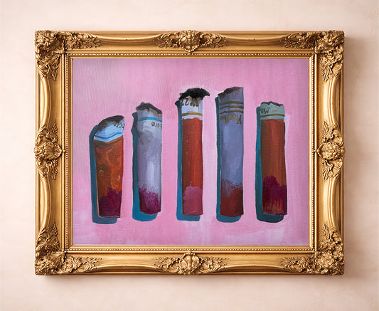 Cigarette Romance pink wall art by Caya Crum in an ornate gold frame, weirdcore pink cigarettes print