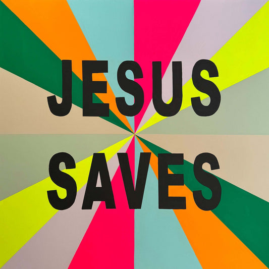 Pop Art 'Jesus Saves' bright text art print with colorful background
