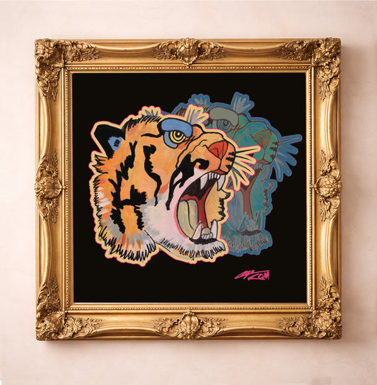 Pop Art Tiger Print by Caya Crum, inspired by bold color, playful ferocity, and the kind of statement-making energy that lets you show off your inner tiger and maximalist statement style, available at crumart.com. This museum quality print is made right here in Texas.