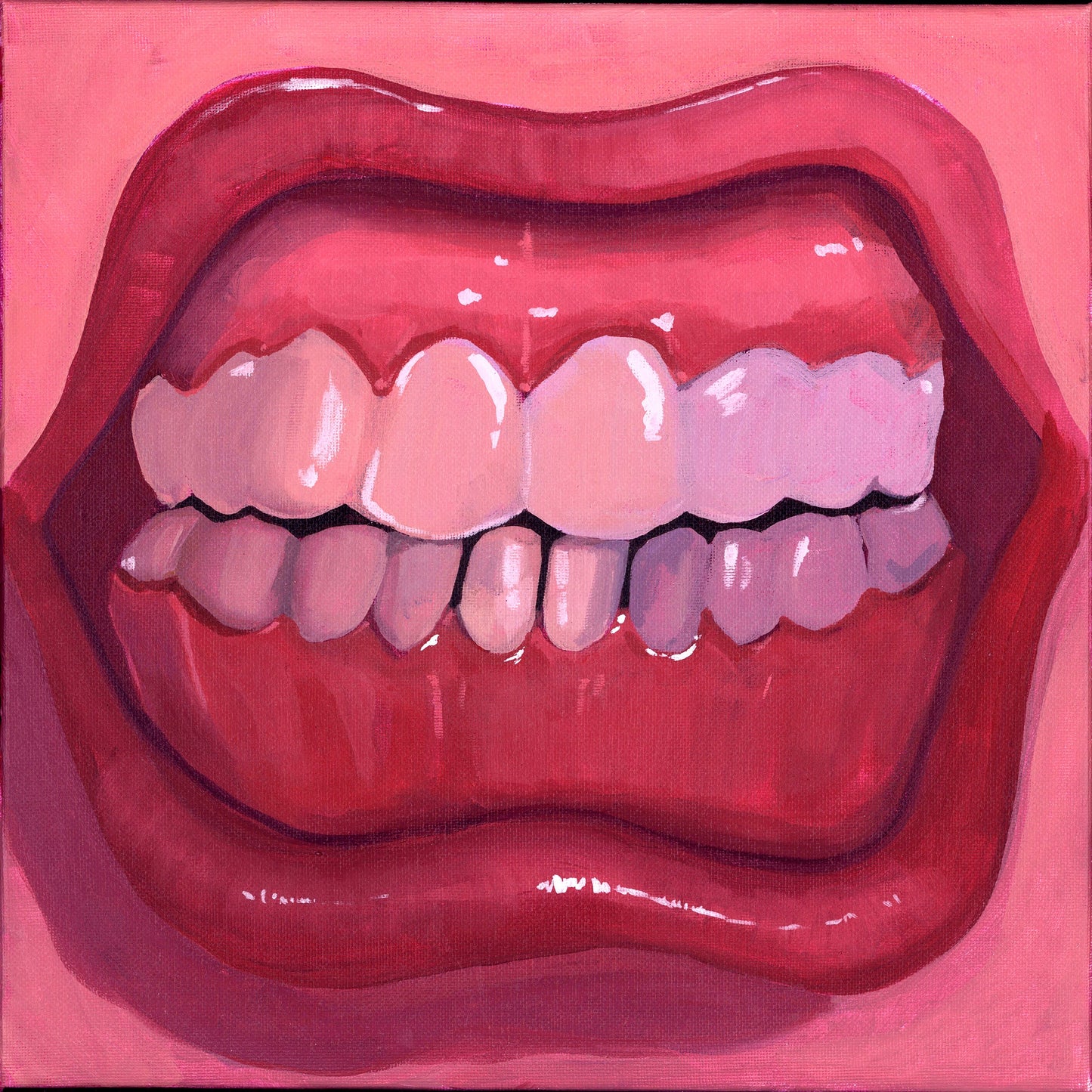 Punk Lips Art Print by Caya Crum, inspired by hot pink lips, bared teeth, and glam-punk attitude. This bold weirdcore art print works as camp art, edgy pink wall art, and statement gallery wall decor for interiors that want color, humor, and bite, available at crumart.com. This museum quality print is made right here in Texas.