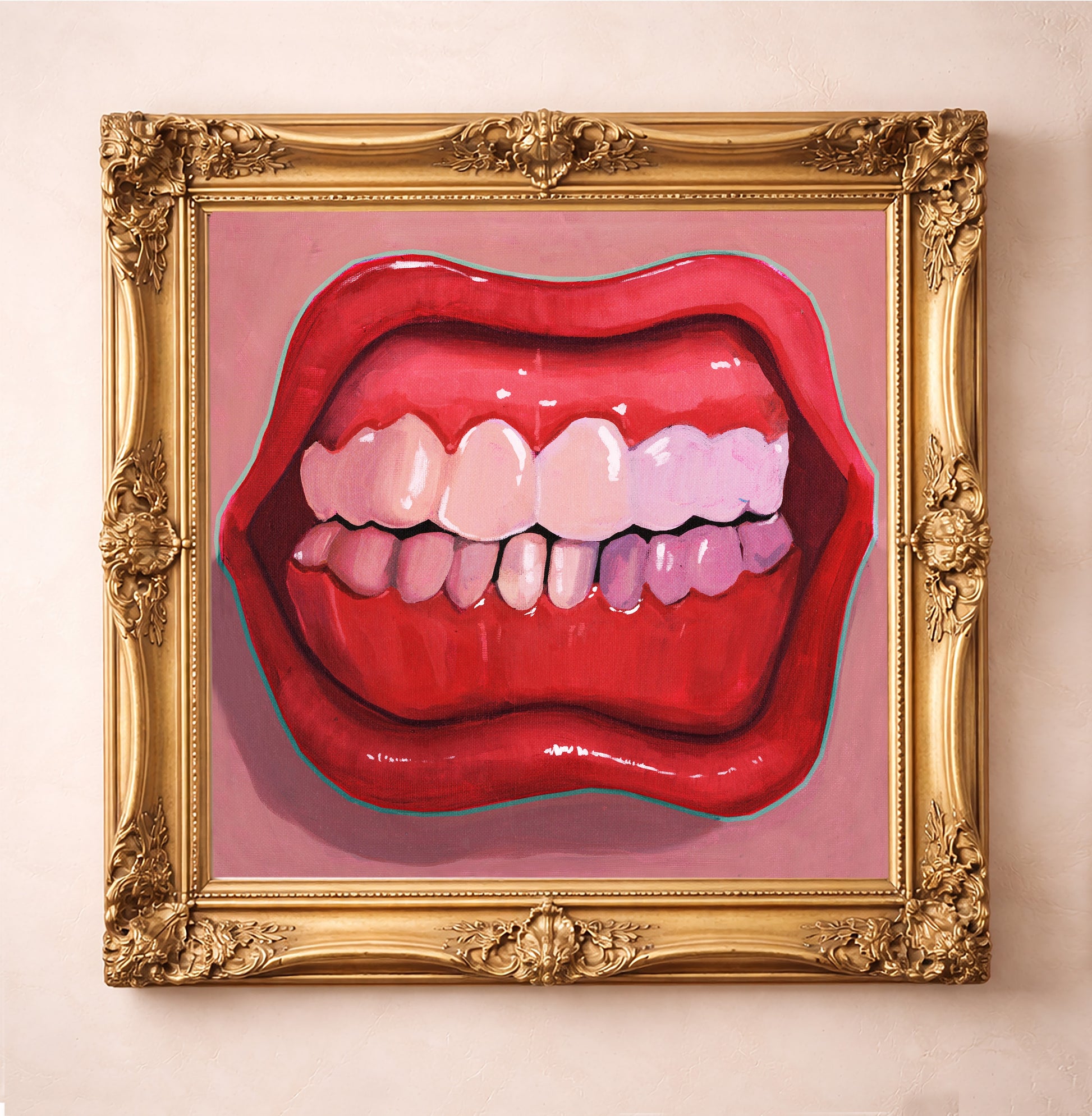 Punk Lips Art Print by Caya Crum, inspired by hot pink lips, bared teeth, glam-punk energy, and the kind of bold weird art that feels right at home in a dressing room, dorm, or statement gallery wall. A strong fit for weirdcore art lovers, camp art collectors, and anyone drawn to edgy pink wall art, available at crumart.com. This museum quality print is made right here in Texas.