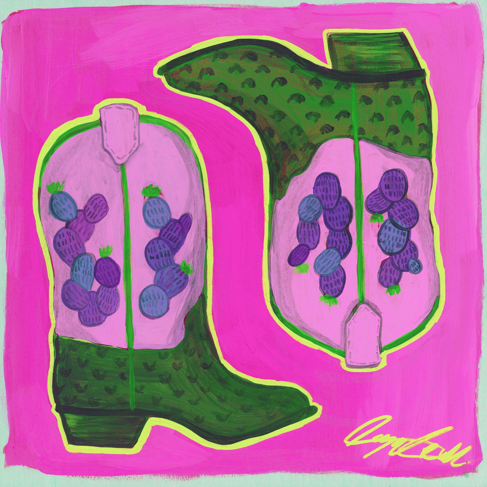 Purple Cowboy Boots Art Print by Caya Crum, inspired by prickly pear detail, playful western color, and the kind of cute western wall art that feels right at home in a dorm room, first apartment, or feminine gallery wall, available at crumart.com. This museum quality print is made right here in Texas.