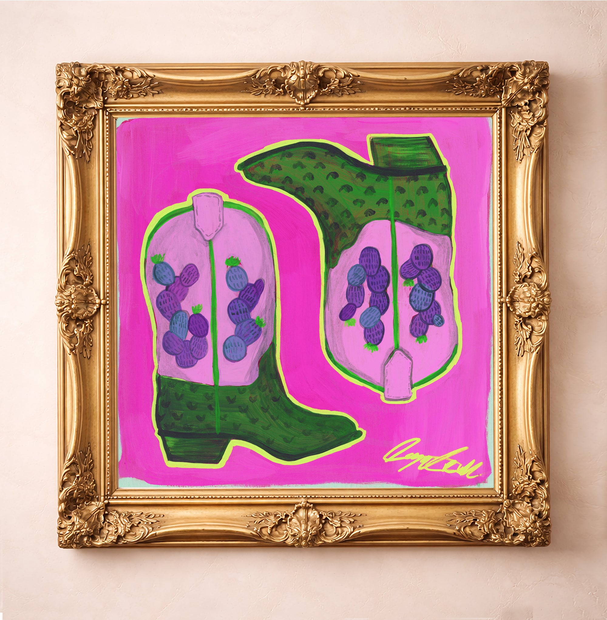 Purple Cowboy Boots Art Print by Caya Crum, inspired by purple western style, Texas whimsy, and the kind of cute cowgirl wall art that brightens a dorm, apartment, or gallery wall, available at crumart.com. This museum quality print is made right here in Texas.