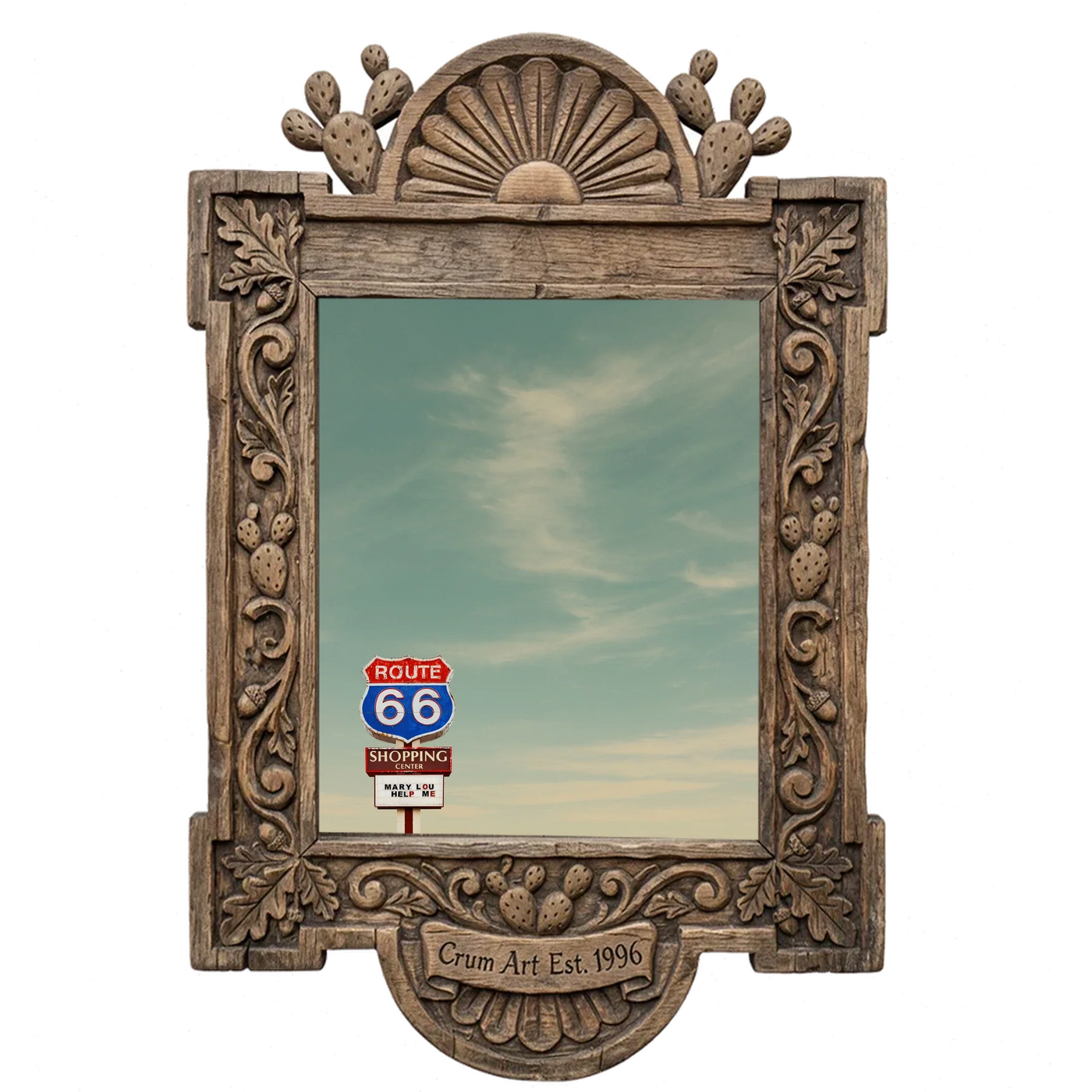 Route 66 Sign, wide — art print in a carved wood frame, Crum Art