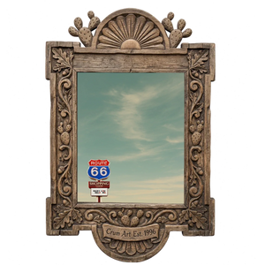 Route 66 Sign, wide — art print in a carved wood frame, Crum Art