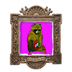 Jiff Raccoon — weirdcore art print by Caya Crum in a square carved wood frame
