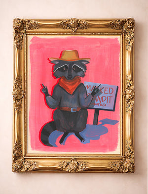 Raccoon Bandit weirdcore western art print by Caya Crum in a gold frame