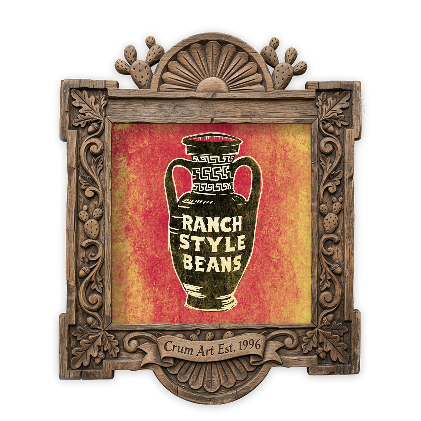 Kitchen Art | Ranch Style Beans Amphora | Betsy Crum — Red & Gold — art print in a carved wood frame, Crum Art