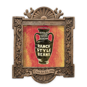 Kitchen Art | Ranch Style Beans Amphora | Betsy Crum — Red & Gold — art print in a carved wood frame, Crum Art