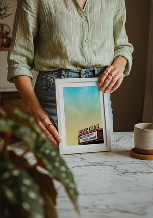 River Oaks Theatre Houston art print by Betsy Crum — neutral frame room mockup