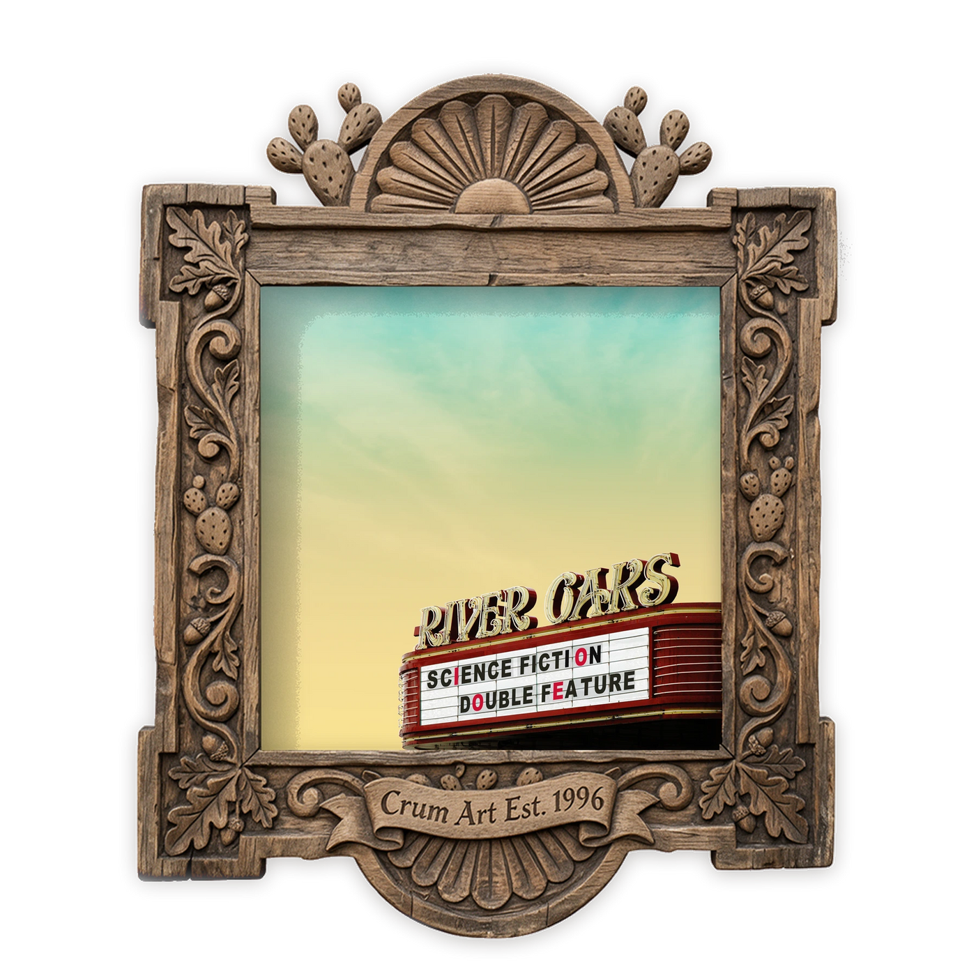 Houston Art | River Oaks Theatre Print, Square | Betsy Crum — art print in a carved wood frame, Crum Art