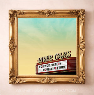 River Oaks Theatre Print art print in a gold frame by Betsy Crum — square houston art from Crum Art, available at crumart.com. This museum quality print is made right here in Texas.