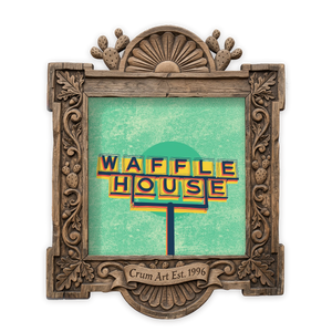 Waffle House Sign — roadside art print by Caya Crum in a square carved wood frame