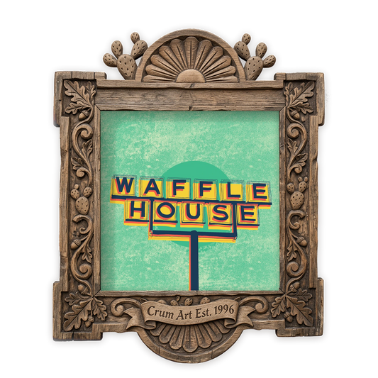 Waffle House Sign — roadside art print by Caya Crum in a square carved wood frame