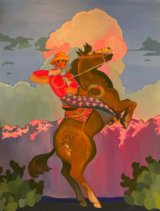 Rodeo cowboy on rearing horse with dramatic sunset clouds in contemporary Western art print