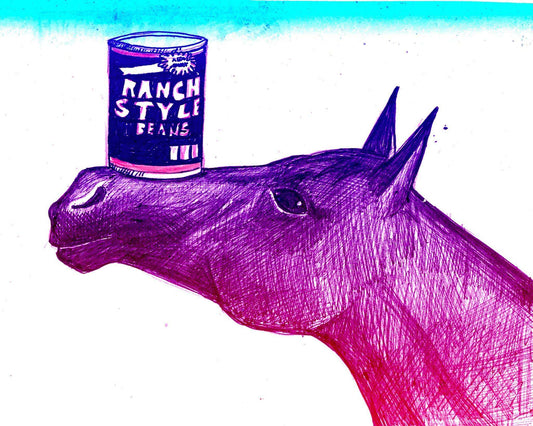 Ranch Style Beans can drawing art print featuring a horse with a can balanced on its nose by Caya Crum