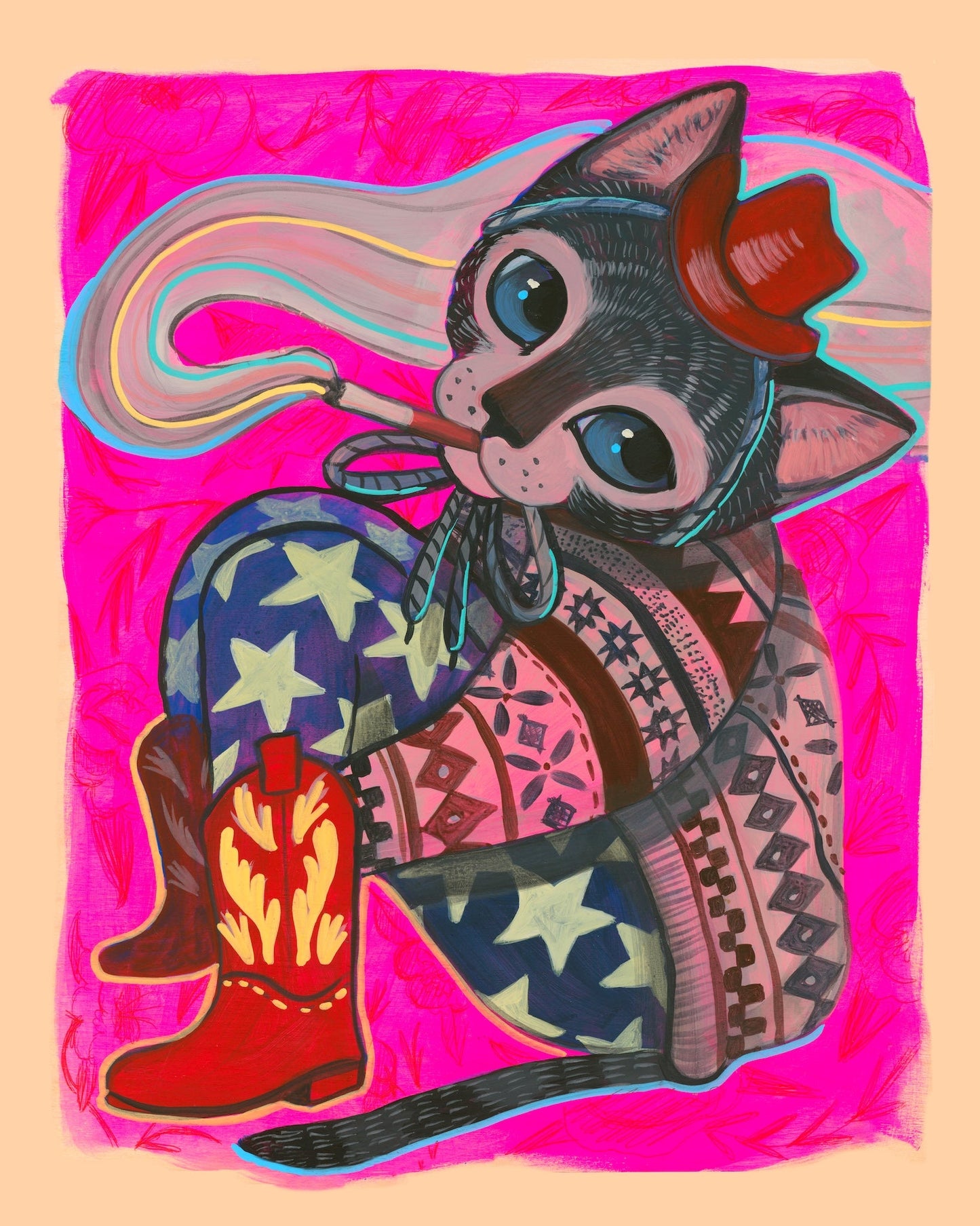 Rosie Smoking Cowboy Cat Art Print – Western Weirdcore Kitty Wall Art | Caya Crum
