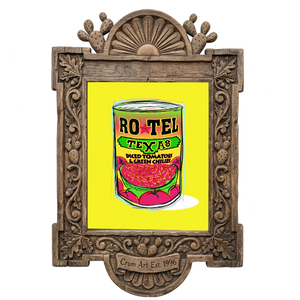 Ro-Tel Can — kitchen art print by Betsy Crum in a carved wood frame