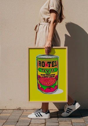 Ro-Tel Can kitchen art print by Betsy Crum — framed with velvet mat