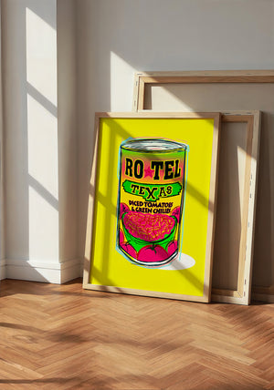 Ro-Tel Can kitchen art print by Betsy Crum — neutral frame room mockup