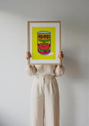 Ro-Tel Can kitchen art print by Betsy Crum — framed with velvet mat