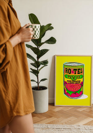 Ro-Tel Can kitchen art print by Betsy Crum — framed with velvet mat