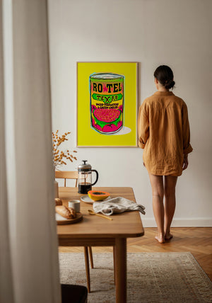 Ro-Tel Can kitchen art print by Betsy Crum — framed with velvet mat