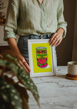 Ro-Tel Can kitchen art print by Betsy Crum — neutral frame room mockup