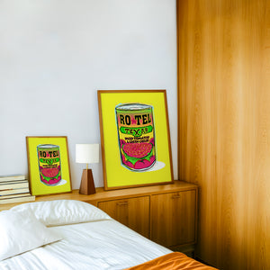 Ro-Tel Can kitchen art print by Betsy Crum — framed in a wood-accent room