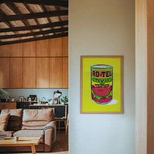 Ro-Tel Can kitchen art print by Betsy Crum — framed in a wood-accent room