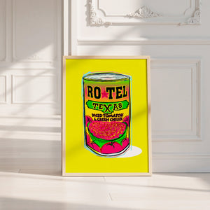 Ro-Tel Can kitchen art print by Betsy Crum — neutral frame room mockup