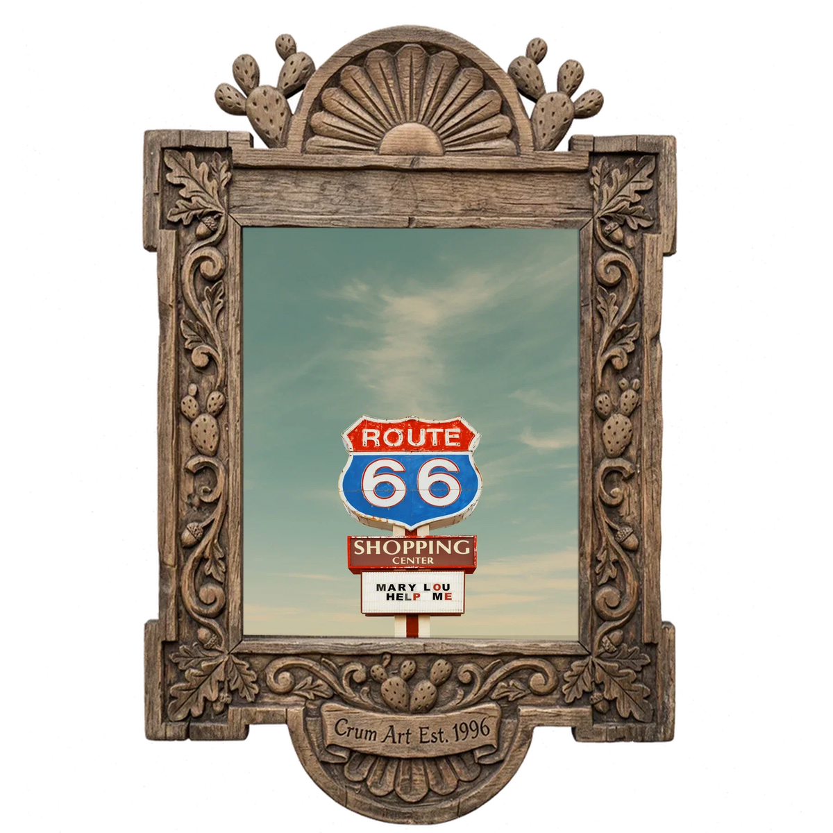 Route 66 Sign Under a Big Sky, close — roadside art print by Betsy Crum in a carved wood frame