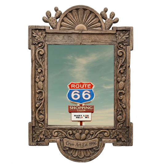 Route 66 Sign Under a Big Sky, close — roadside art print by Betsy Crum in a carved wood frame