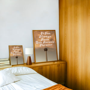 Forever Hemisfair San Antonio art print by Betsy Crum — framed in a wood-accent room