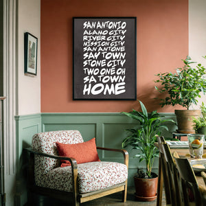 San Antonio nicknames typography print by Betsy Crum in a soft neutral corner