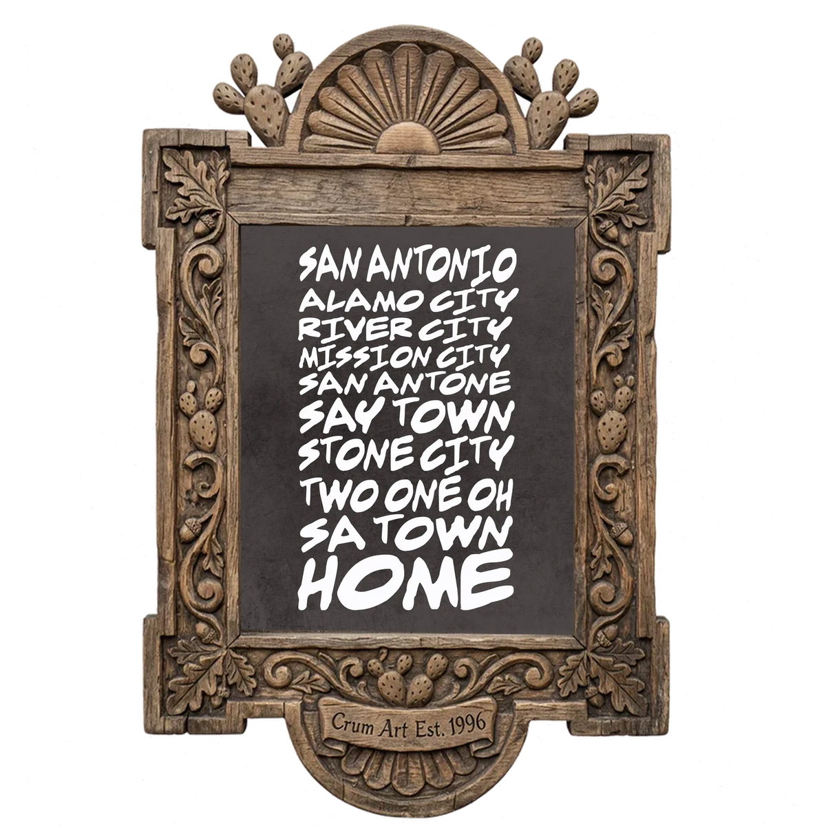 San Antonio Nicknames — typography art print by Betsy Crum in a carved wood frame