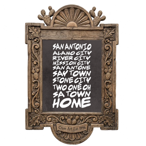 San Antonio Nicknames — typography art print by Betsy Crum in a carved wood frame