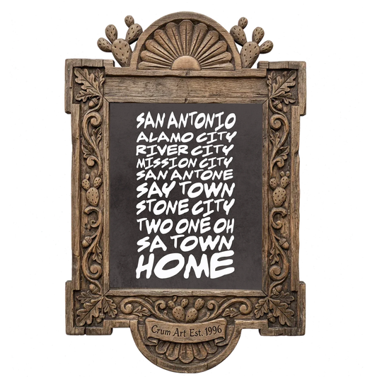 San Antonio Nicknames — typography art print by Betsy Crum in a carved wood frame
