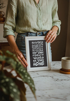 San Antonio Nicknames typography print by Betsy Crum — neutral frame room mockup