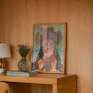 Sir Doug Sahm music wall art print by Caya Crum — framed in a wood-accent room