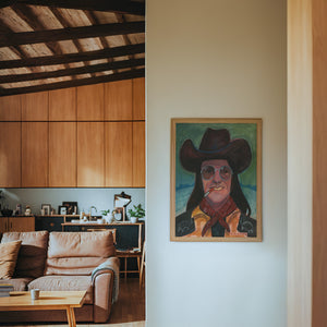 Sir Doug Sahm music wall art print by Caya Crum — framed in a wood-accent room