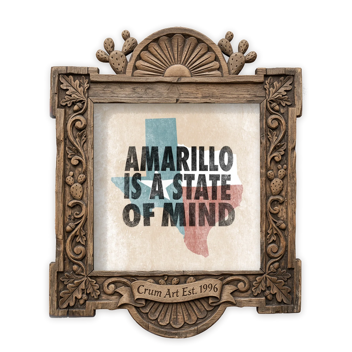 Amarillo State of Mind — Amarillo art print by Betsy Crum in a square carved wood frame