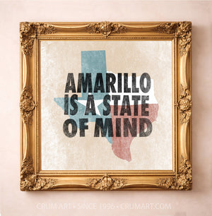Amarillo State of Mind art print in a gold frame — bold letterpress type over a weathered Texas flag by Betsy Crum. Square Amarillo and Panhandle wall art, printed in Texas.