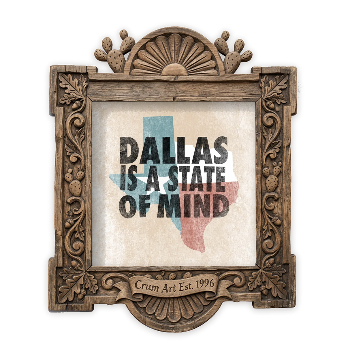 Dallas State of Mind — Dallas art print by Betsy Crum in a square carved wood frame